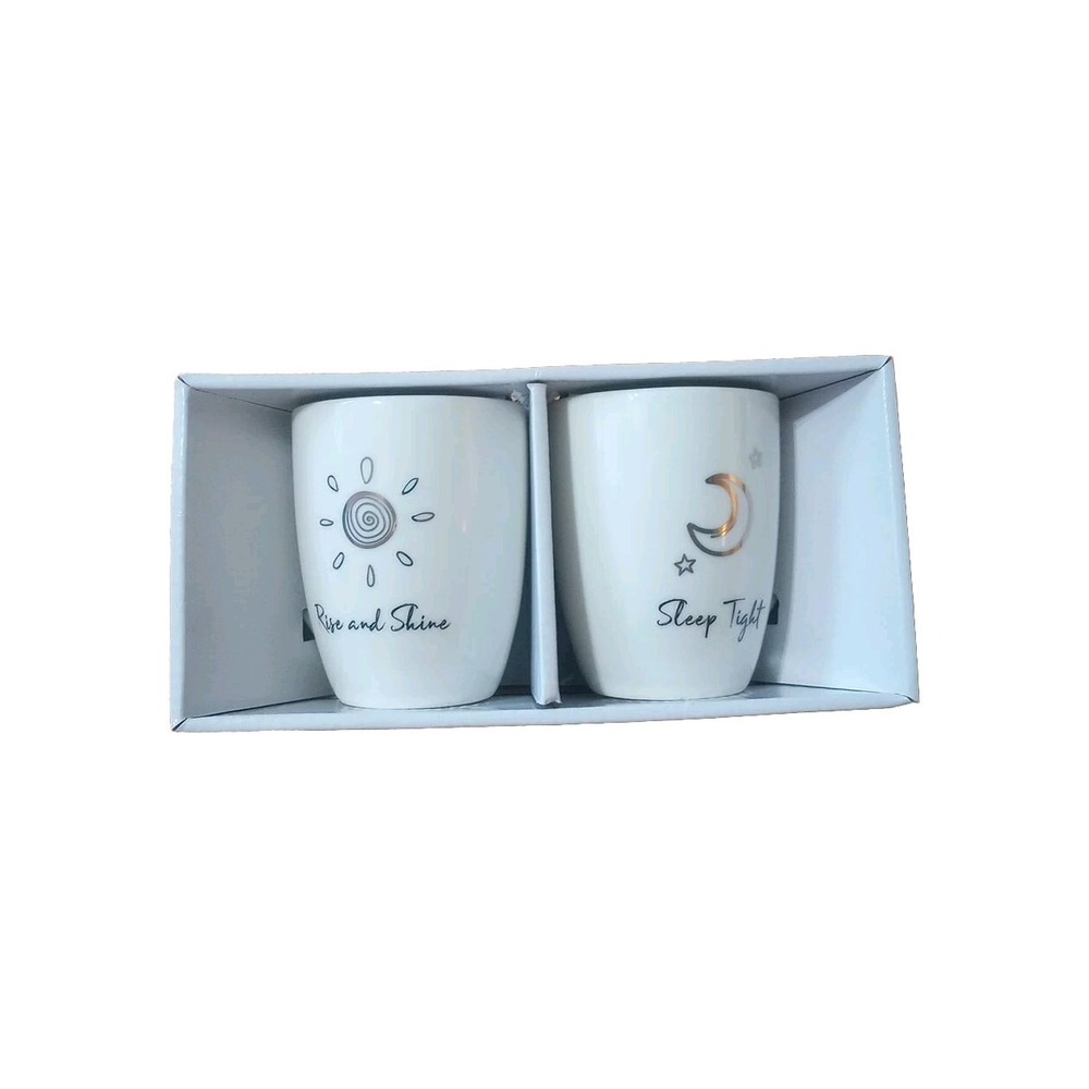 Rise and Shine Sleep Tight Coffee Mug Set of‎ 2 Ceramic Tea Cups 12 oz NEW T5